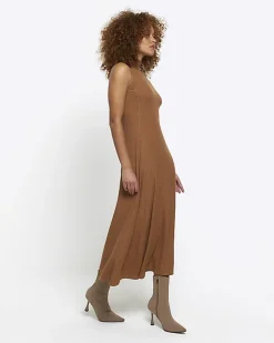 River Island rib high neck bodycon midi dress Brown New
