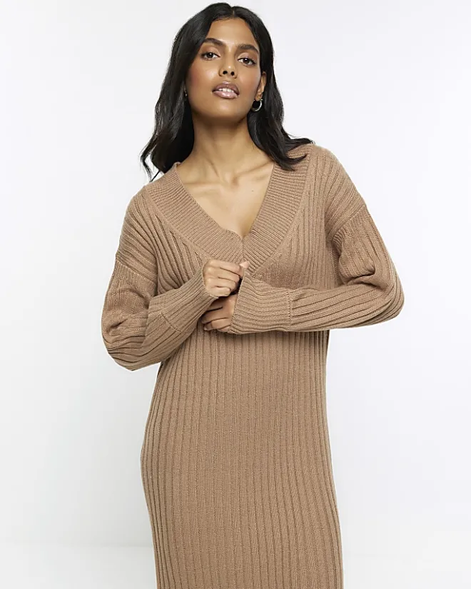 River Island rib jumper maxi dress Brown Discount