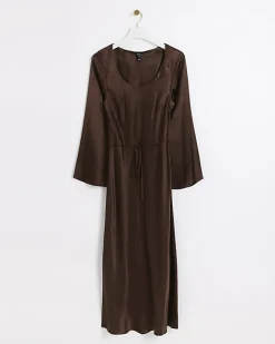 River Island satin belted slip midi dress Brown New