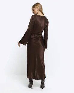 River Island satin belted slip midi dress Brown New
