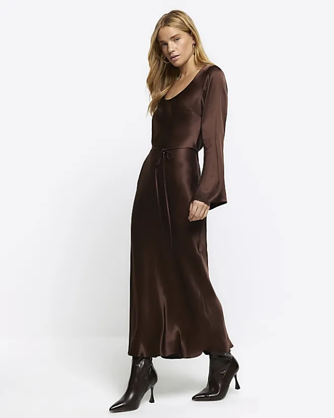 River Island satin belted slip midi dress Brown New