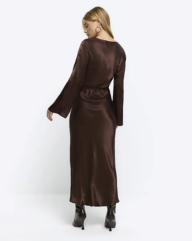 River Island satin belted slip midi dress Brown New