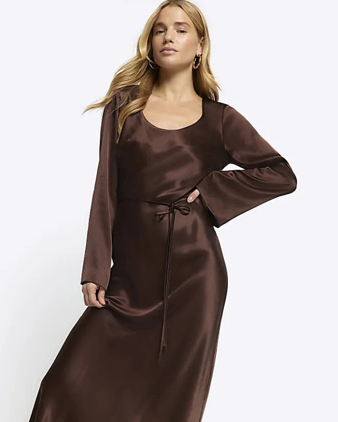 River Island satin belted slip midi dress Brown New