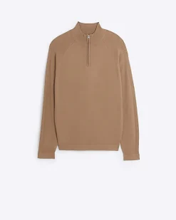 River Island slim fit knitted half zip jumper Brown Best