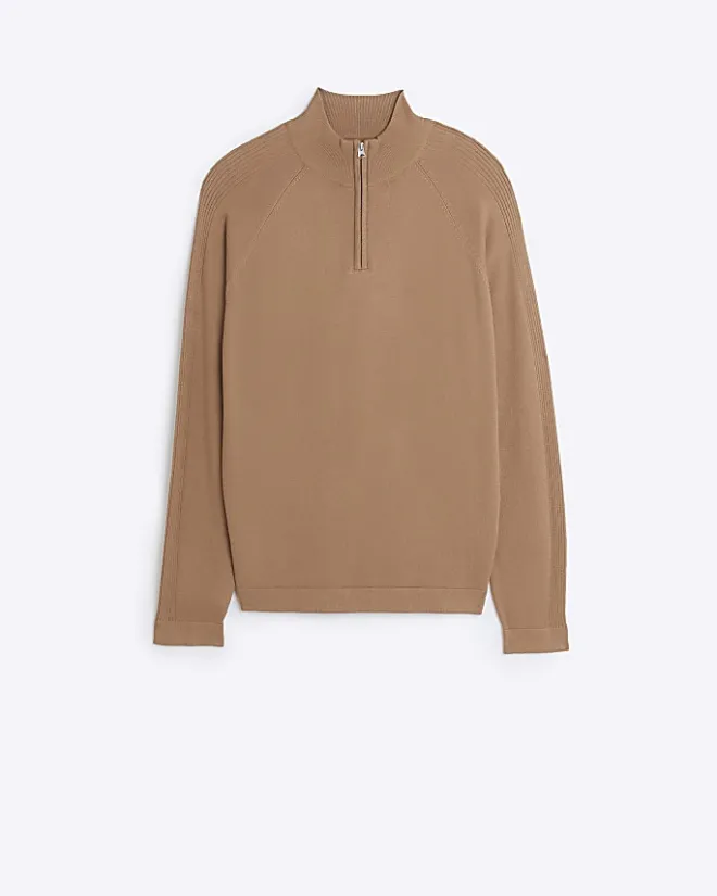 River Island slim fit knitted half zip jumper Brown Best