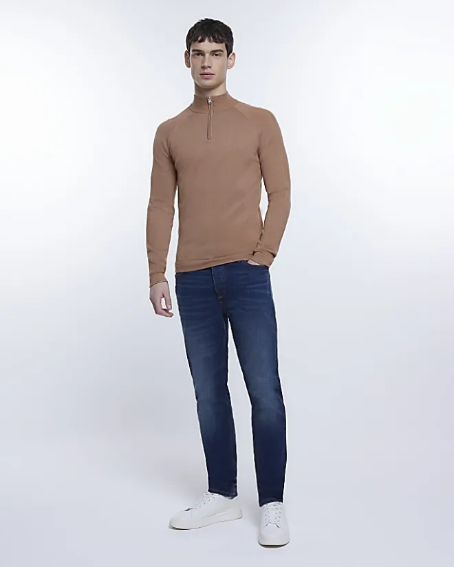 River Island slim fit knitted half zip jumper Brown Best