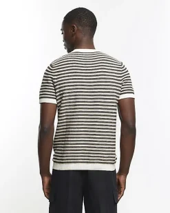 River Island slim fit stripe knitted t-shirt Brown Outlet