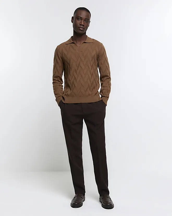 River Island slim fit textured knit long sleeve polo Brown Clearance