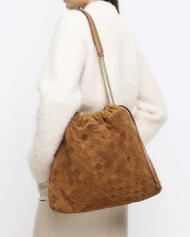 River Island suede weave slouch tote bag Brown New