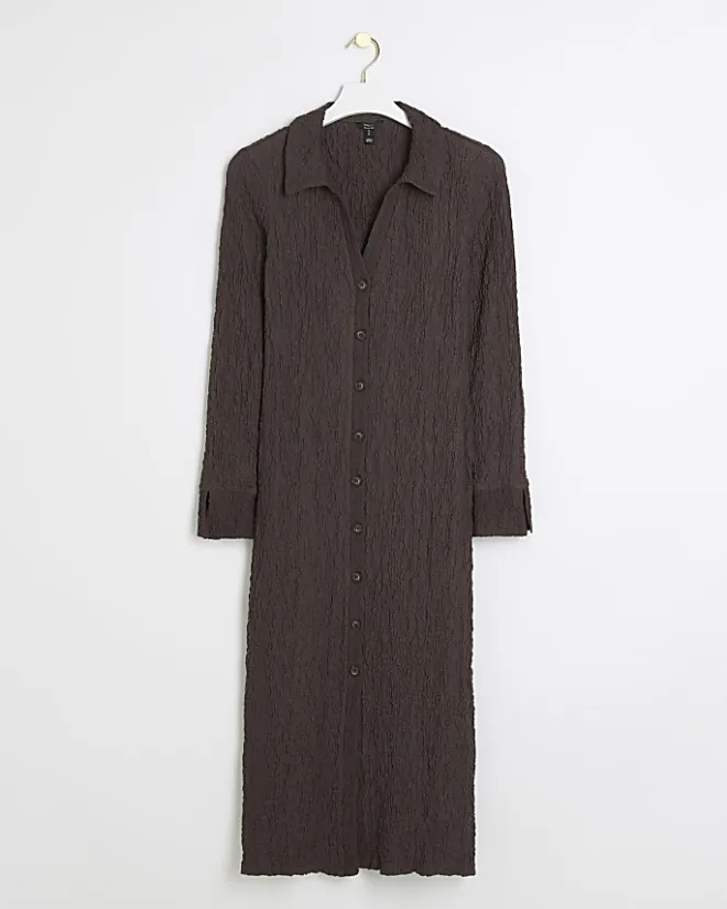 River Island Textured Midi Shirt Dress Brown Outlet