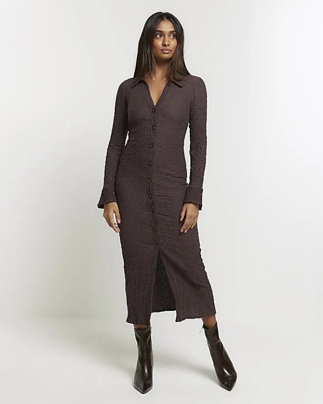 River Island Textured Midi Shirt Dress Brown Outlet