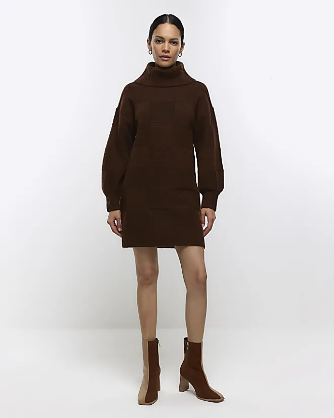River Island textured roll neck jumper mini dress Brown Online