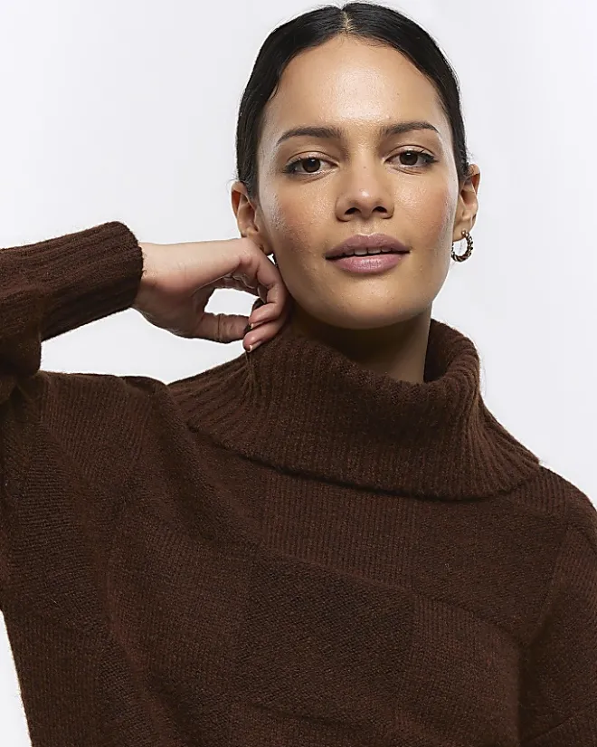 River Island textured roll neck jumper mini dress Brown Online