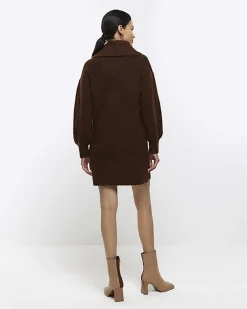 River Island textured roll neck jumper mini dress Brown Online