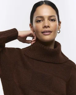 River Island textured roll neck jumper mini dress Brown Online