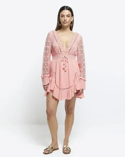 River Island Coral broderie plunge beach mini dress Orange New