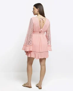 River Island Coral broderie plunge beach mini dress Orange New