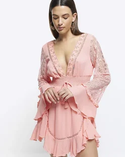 River Island Coral broderie plunge beach mini dress Orange New