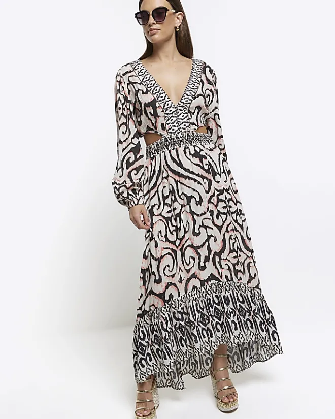 River Island abstract cut out beach maxi dress Cream Discount