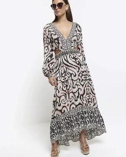 River Island abstract cut out beach maxi dress Cream Discount