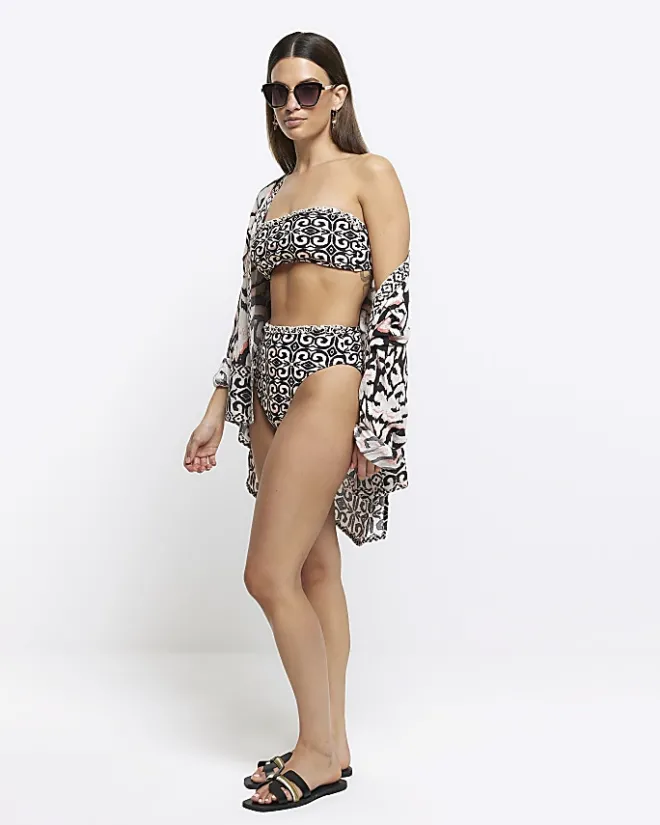 River Island abstract frill bandeau bikini top Cream Sale