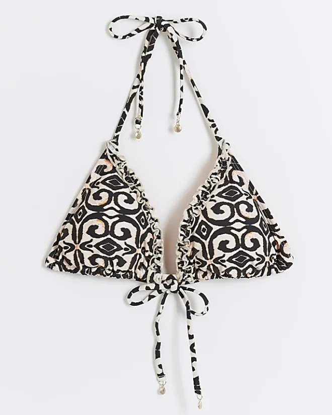 River Island abstract frill triangle bikini top Cream Outlet