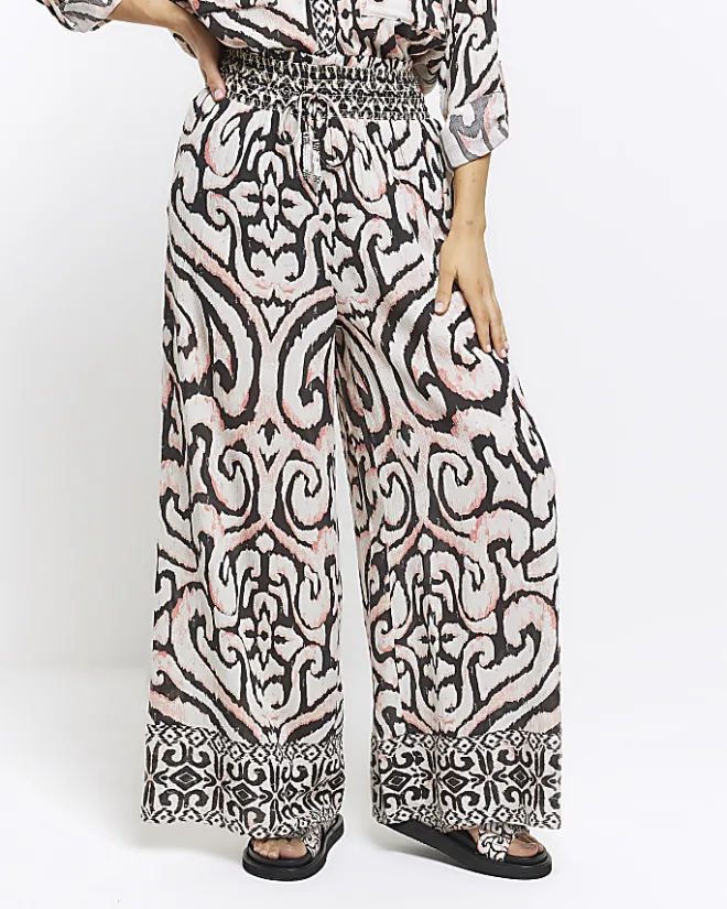 River Island abstract wide leg beach trousers Cream Fashion