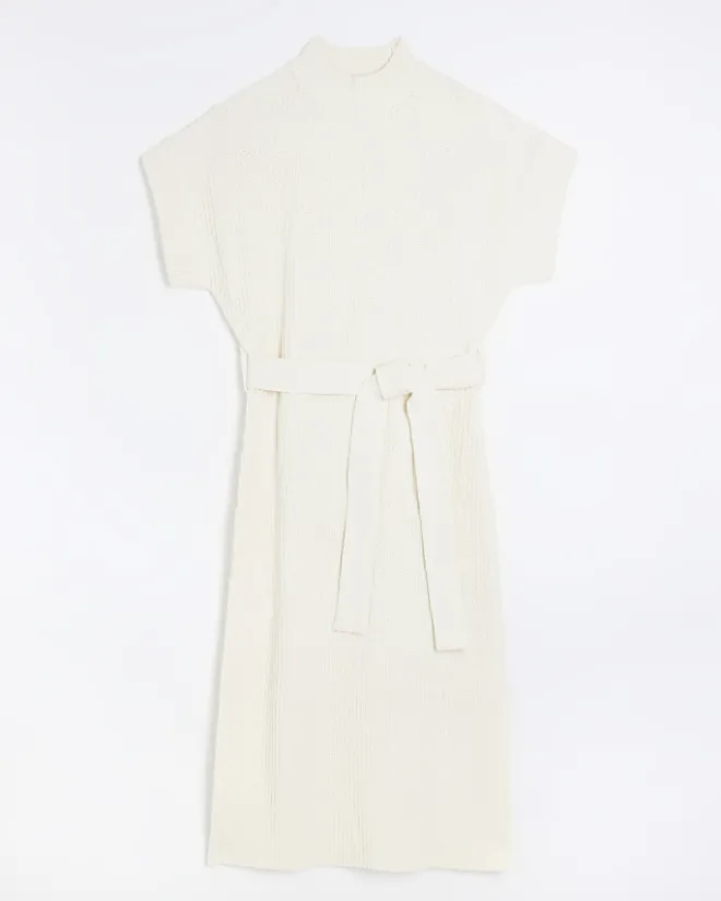 River Island belted high neck jumper midi dress Cream Online