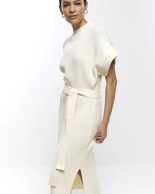 River Island belted high neck jumper midi dress Cream Online