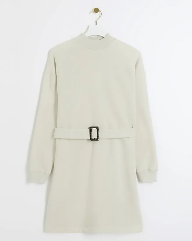 River Island Belted Sweatshirt Mini Dress Cream Hot