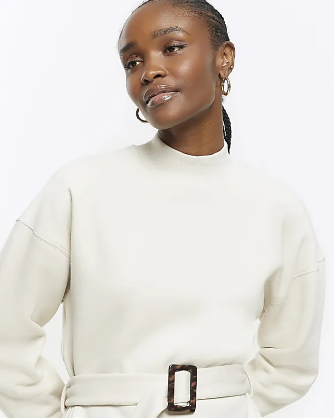 River Island Belted Sweatshirt Mini Dress Cream Hot