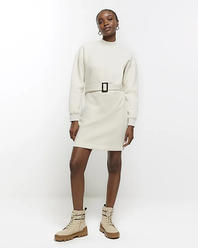 River Island Belted Sweatshirt Mini Dress Cream Hot