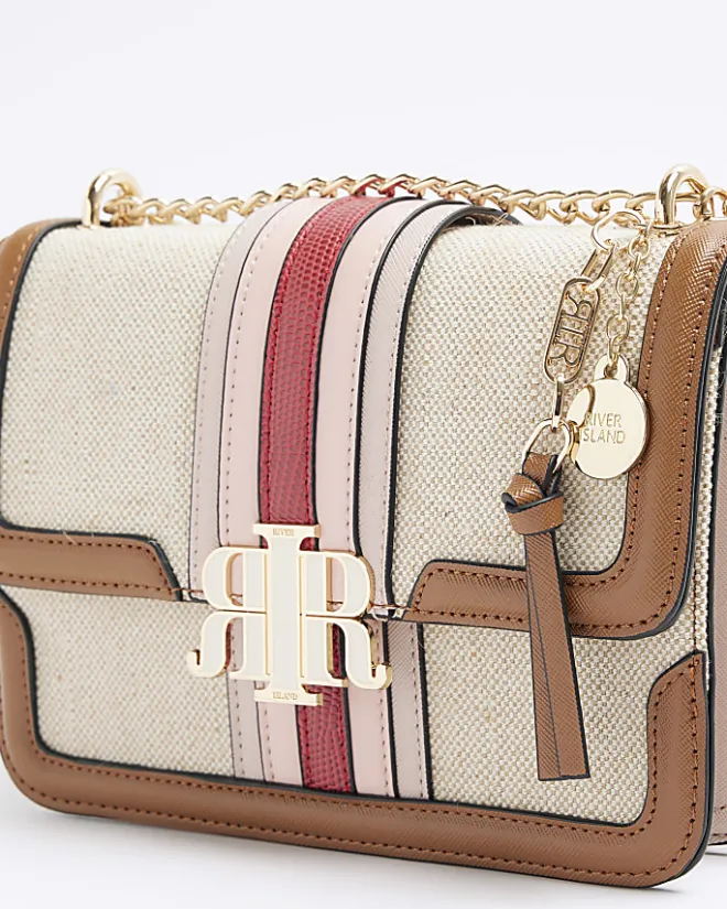River Island canvas stripe chain cross body bag Cream Sale