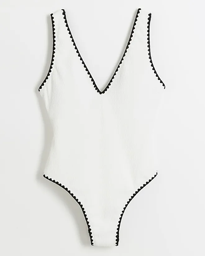River Island crinkle Whipstitch Swimsuit Cream Hot