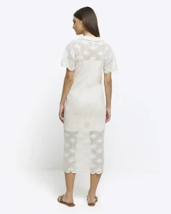 River Island crochet beach midi dress Cream Outlet