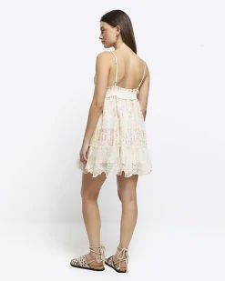 River Island crochet sequin beach mini dress Cream Outlet