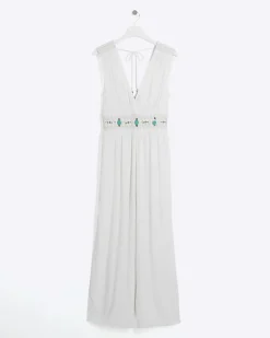 River Island embellished plunge jumpsuit Cream Outlet