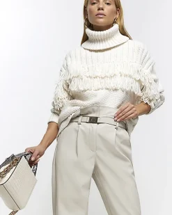 River Island faux leather paperbag trousers Cream Online