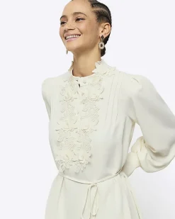 River Island floral tie waist shift mini dress Cream Discount