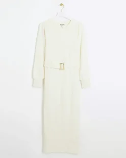 River Island knit belted jumper midi dress Cream Outlet