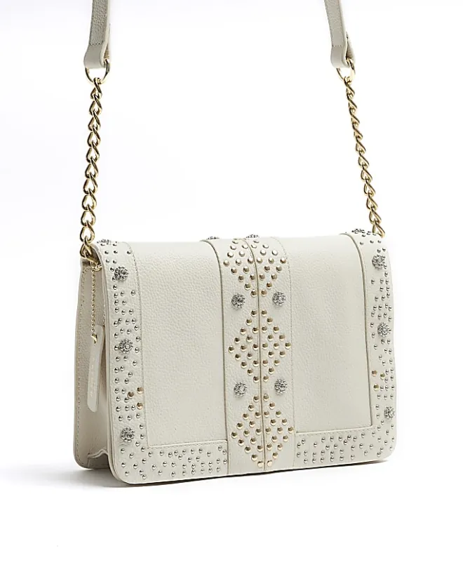 River Island leather studded cross body bag Cream Sale