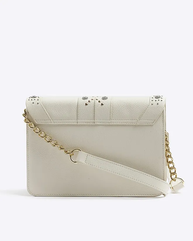 River Island leather studded cross body bag Cream Sale