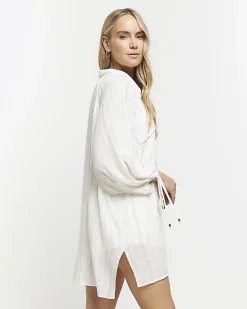River Island metallic stripe beach shirt Cream Discount