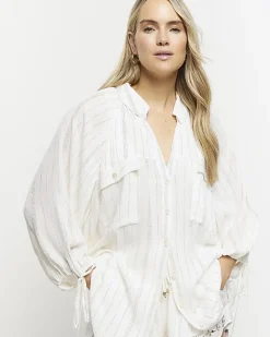 River Island metallic stripe beach shirt Cream Discount