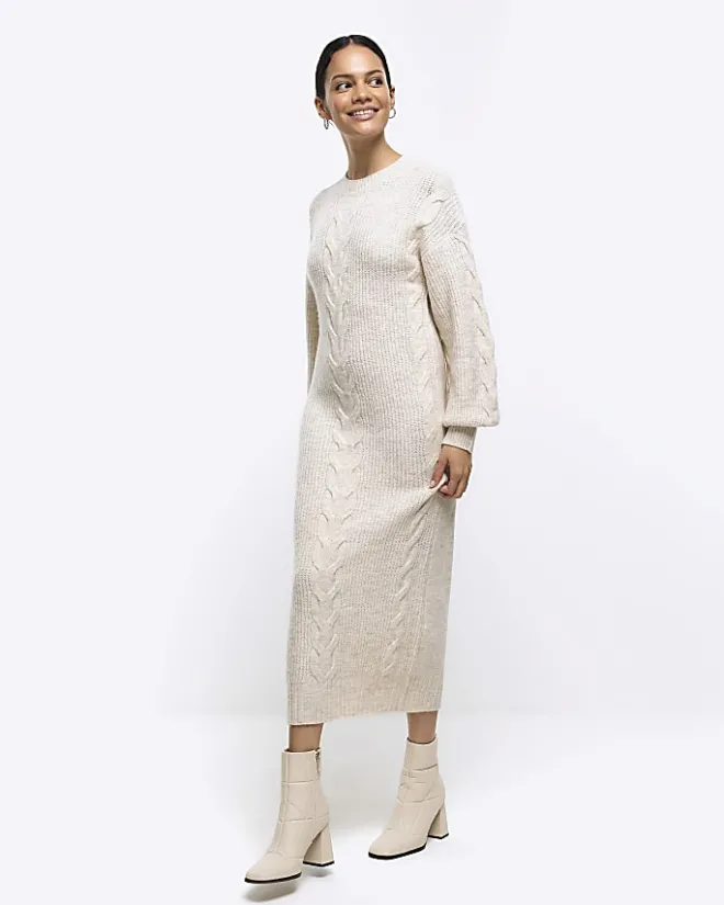 River Island plait jumper midi dress Cream Online