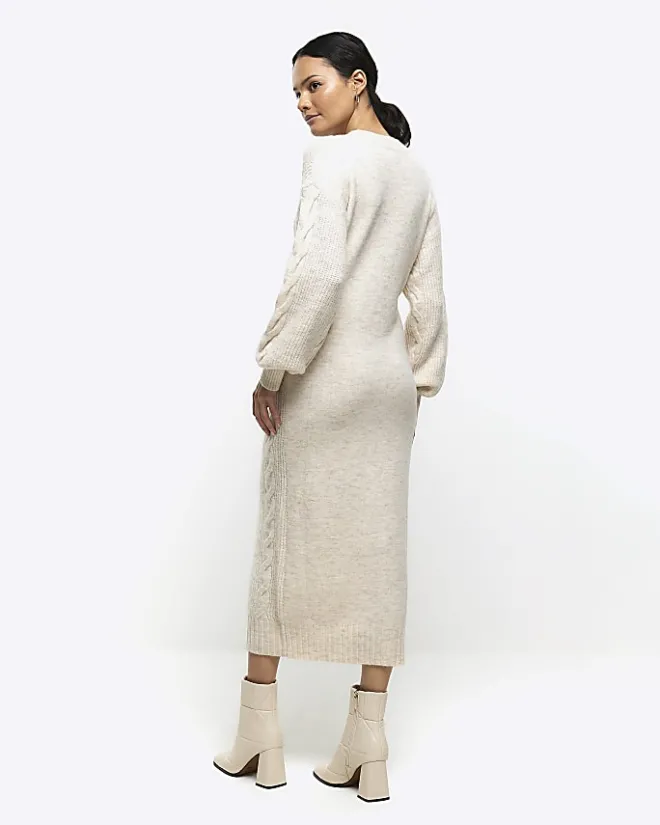 River Island plait jumper midi dress Cream Online