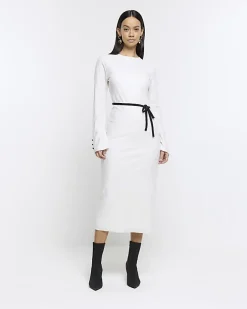 River Island plisse belted bodycon midi dress Cream Outlet