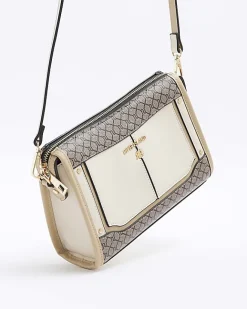 River Island RI monogram panel cross body bag Cream Sale