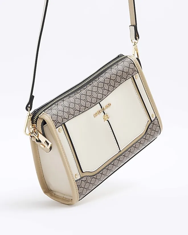 River Island RI monogram panel cross body bag Cream Sale