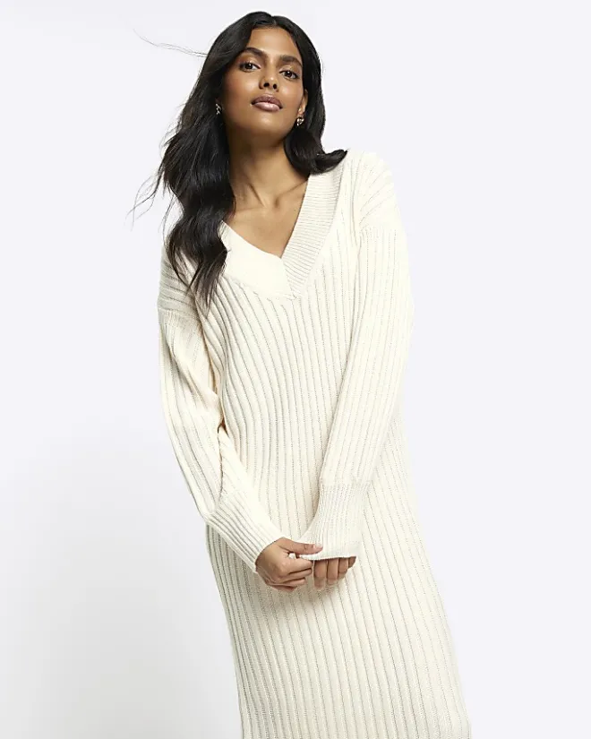 River Island rib jumper maxi dress Cream Best